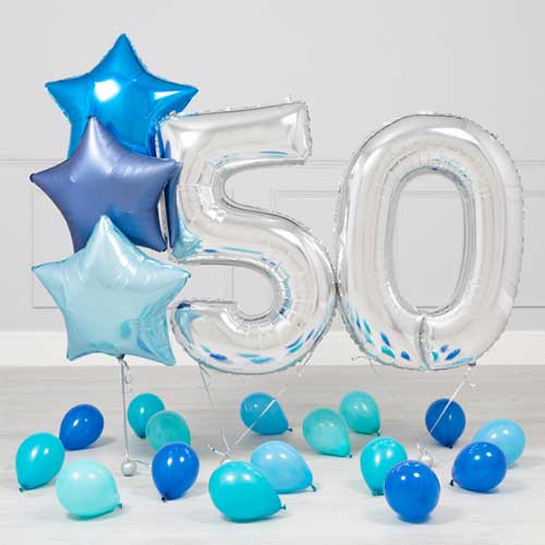 50th Birthday Blue Star and Number Balloons Bunch