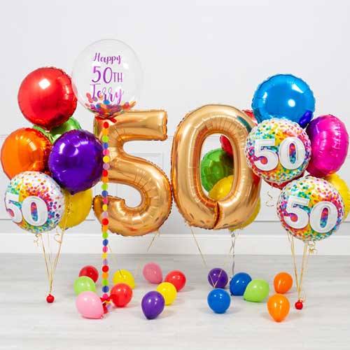 Personalized 50th Birthday Party Bubble Balloon with Colorful Balloon Bouquet