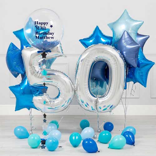 Personalised Bubble Balloon 50th Birthday Blue Star and Number Balloons Bunch