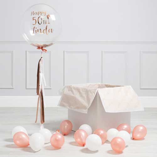 Personalized 50th Birthday Rose Gold Tassel Confetti Bubble Balloon Bouquet