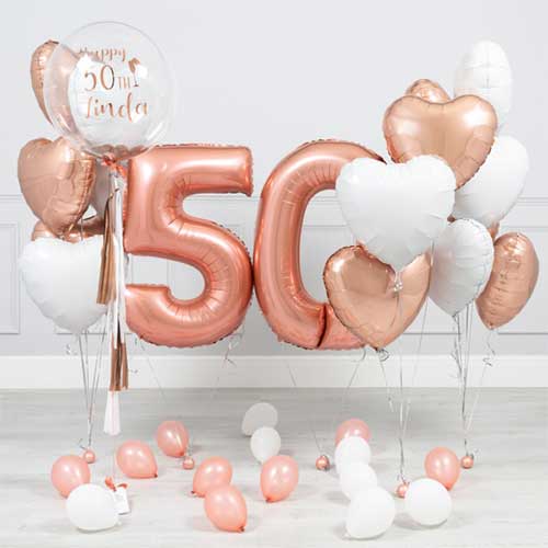 Personalized 50th Birthday Rose Gold Helium Balloon Bouquet