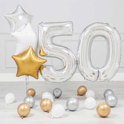 50th Birthday Party Inflated Silver Helium Balloon Bouquet