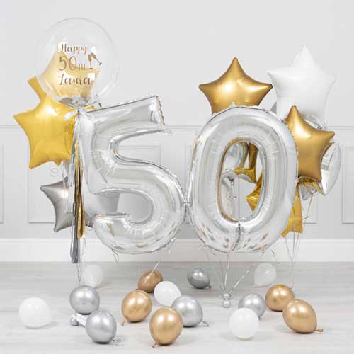 Personalized 50th Birthday Bubble Balloon With Gold Star Bouquet