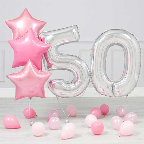 50th Birthday Rose Pink Silver Balloon Bouquet