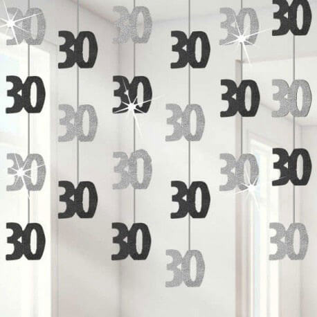 Party Balloon 30th Birthday Black &amp; Silver String