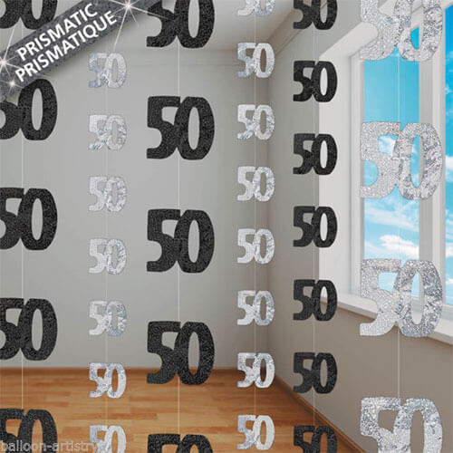 Party Balloon 50th Birthday Black &amp; Silver String- 5ft