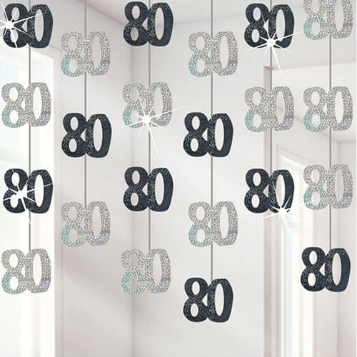 Party Balloon 80th Birthday Black &amp; Silver String