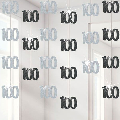 Party Balloon 100th Birthday Black &amp; Silver String