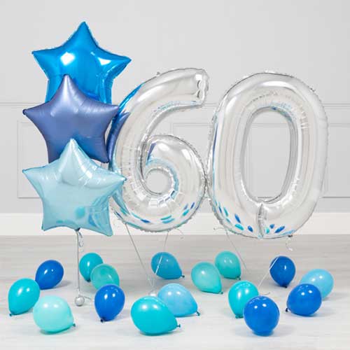 60th Birthday Blue Star and Number Balloons Bunch
