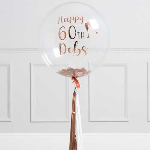 Personalized 60th Birthday Rose Gold Tassel Confetti Bubble Balloon Bouquet