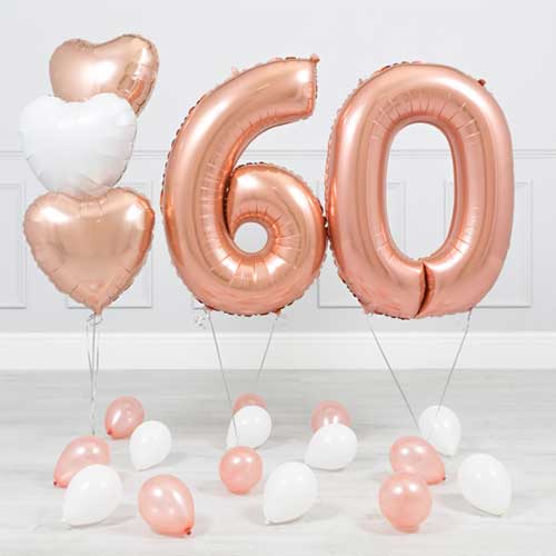 60th Birthday Rose Gold Helium Balloon Bouquet