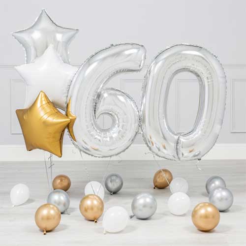 60th Birthday Party Inflated Silver Helium Balloon Bouquet
