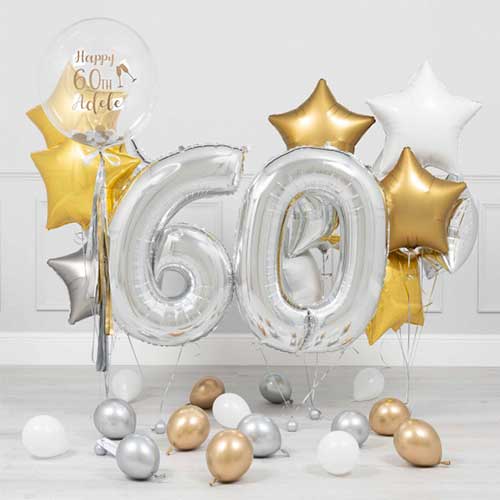 Personalized 60th Birthday Bubble Balloon With Gold Star Bouquet