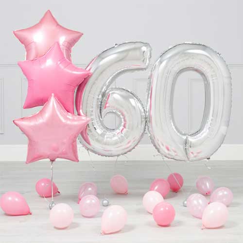 60th Birthday Rose Pink Silver Balloon Bouquet