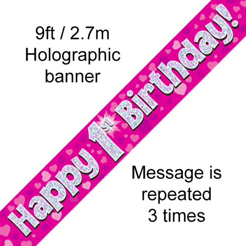 Party Balloon 9 Feet Banner Happy 1st Birthday Pink holographic