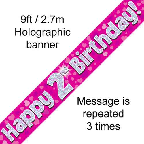 9 Feet Banner Happy 2nd Birthday Pink holographic