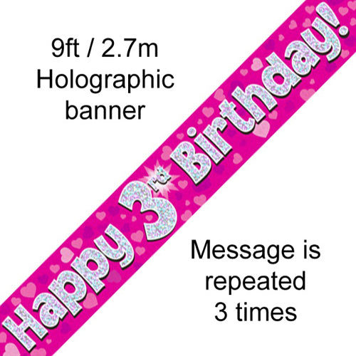Party Balloon 9 Feet Banner Happy 3rd Birthday Pink holographic
