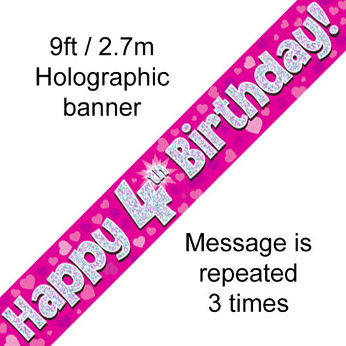 Party Balloon 9 Feet Banner Happy 4th Birthday Pink holographic
