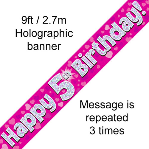 9 Feet Banner Happy 5th Birthday Pink holographic