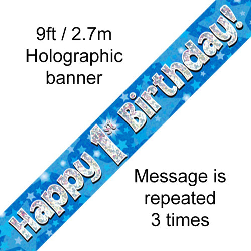 Party Balloon 9 Feet Banner Happy 1st Birthday Blue holographic