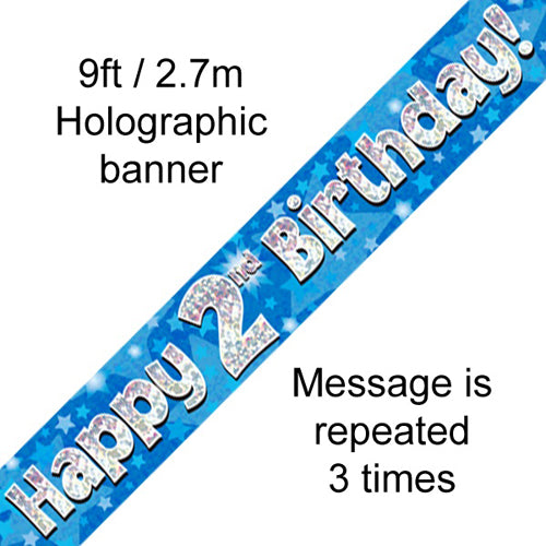 Party Balloon 9 Feet Banner Happy 2nd Birthday Blue holographic