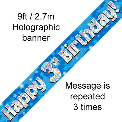 Party Balloon 9 Feet Banner Happy 3rd Birthday Blue holographic