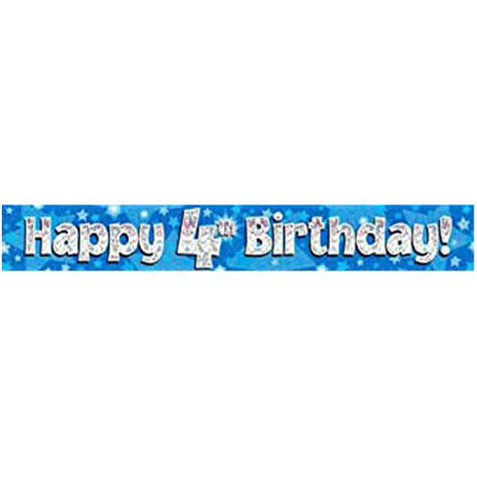 Party Balloon 9 Feet Banner Happy 4th Birthday Blue holographic
