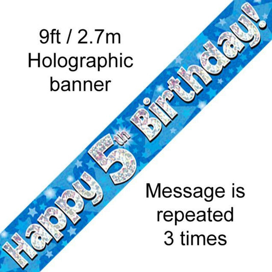 9 Feet Banner Happy 5th Birthday Blue holographic