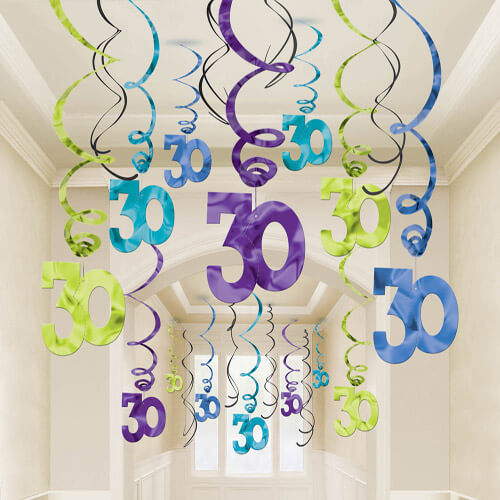 Party Balloon 30th Value Pack Hanging Foil Swirl Decorations