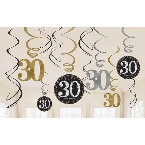 Party Balloon Gold and Black 30th Birthday Swirl Decorations