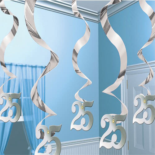 Party Balloon 25th Silver Hanging Swirl 