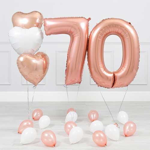 70th Birthday Rose Gold Helium Balloon Bouquet