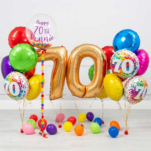 Personalized 70th Birthday Party Bubble Balloon with Colorful Balloon Bouquet