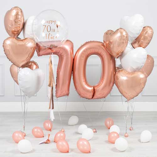 Personalized 70th Birthday Rose Gold Helium Balloon Bouquet