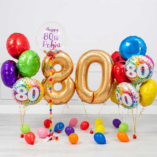 Personalized 80th Birthday Party Bubble Balloon with Colorful Balloon Bouquet