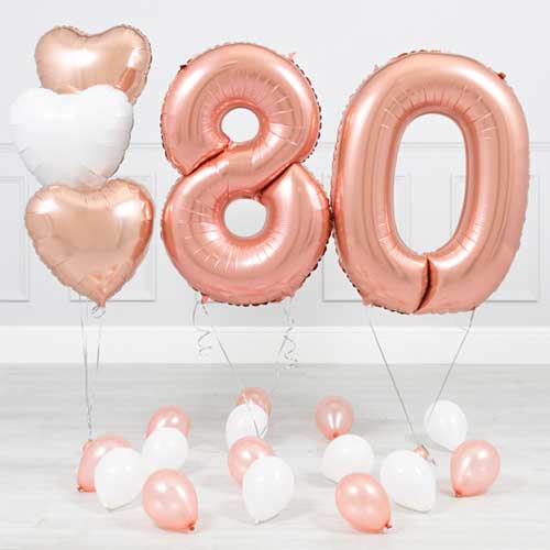 80th Birthday Rose Gold Helium Balloon Bouquet