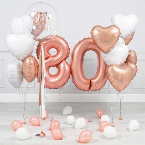 Personalized 80th Birthday Rose Gold Helium Balloon Bouquet
