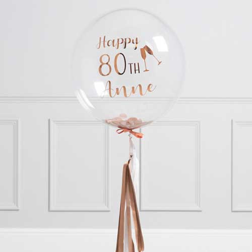 Personalized 80th Birthday Rose Gold Tassel Confetti Bubble Balloon Bouquet