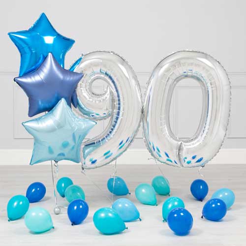 90th Birthday Blue Star and Number Balloons Bunch