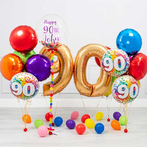Personalized 90th Birthday Party Bubble Balloon with Colorful Balloon Bouquet