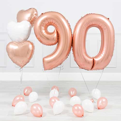 90th Birthday Rose Gold Helium Balloon Bouquet