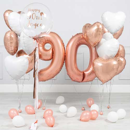 Personalized 90th Birthday Rose Gold Helium Balloon Bouquet