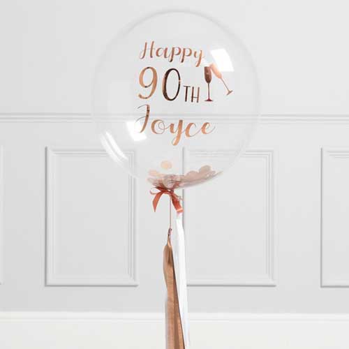 Personalized 90th Birthday Rose Gold Tassel Confetti Bubble Balloon Bouquet