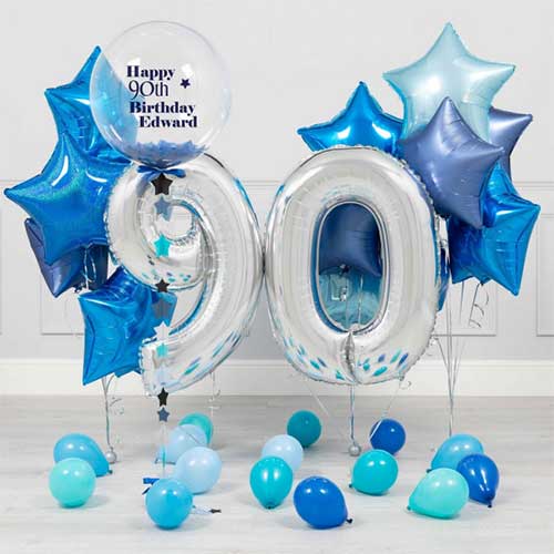 Personalised Bubble Balloon 90th Birthday Blue Star and Number Balloons Bunch