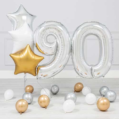 90th Birthday Party Inflated Silver Helium Balloon Bouquet