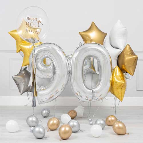 Personalized 90th Birthday Bubble Balloon With Gold Star Bouquet