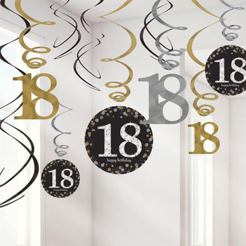 Party Balloon 18th Prismatic Gold and Black Birthday Swirl