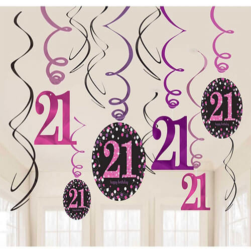 Party Balloon Pink Celebration Age 21 Hanging Swirls