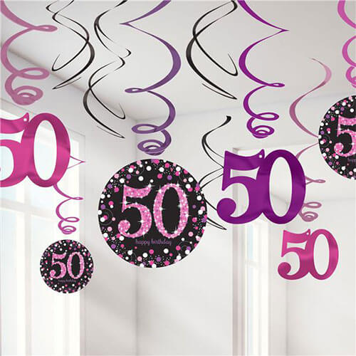 Party Balloon Pink Celebration Age 50 Hanging Swirls