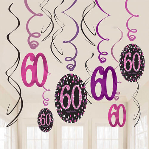 Party Balloon Pink Celebration Age 60 Hanging Swirls